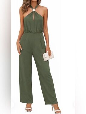 Olive Halter Wide-Leg Jumpsuit with Keyhole Detail